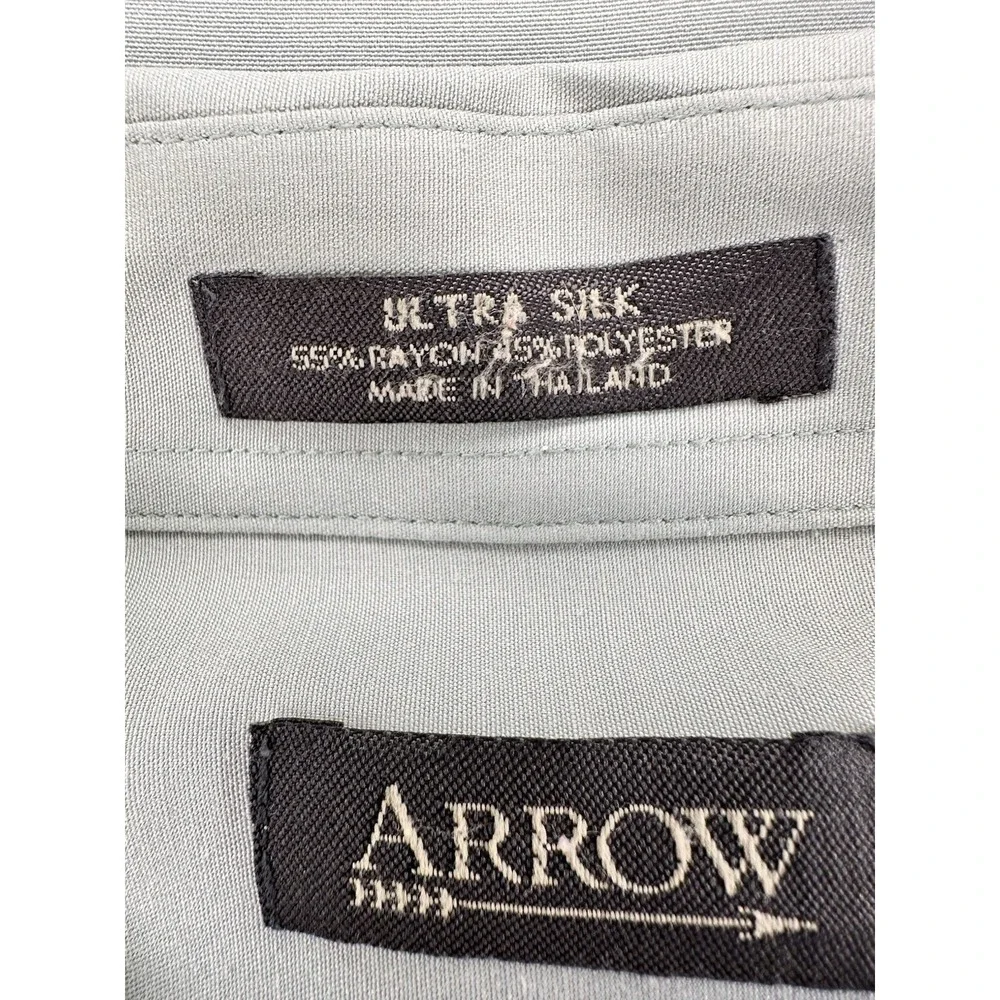Arrow Satin Twill \Green Long Sleeve Button-Up‎ Shirt Men's XL 17 34/35 - Picture 8 of 9